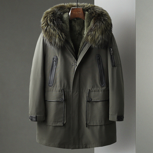 冬季新款中长款连帽派克服可拆卸兔毛内胆狐狸毛领加厚男风衣外套