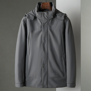 橄榄绿色冬季新款中年商务休闲可脱卸帽鹅绒羽绒服男士风衣外套