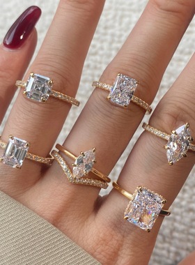 欧美跨境S925纯银高碳钻戒指女气质电镀香槟金色可叠戴锆石戒指环