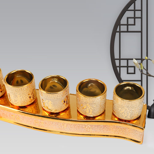 陶瓷三连杯沙金酒杯五连杯供财神爷金色三连杯水杯手工艺陶瓷