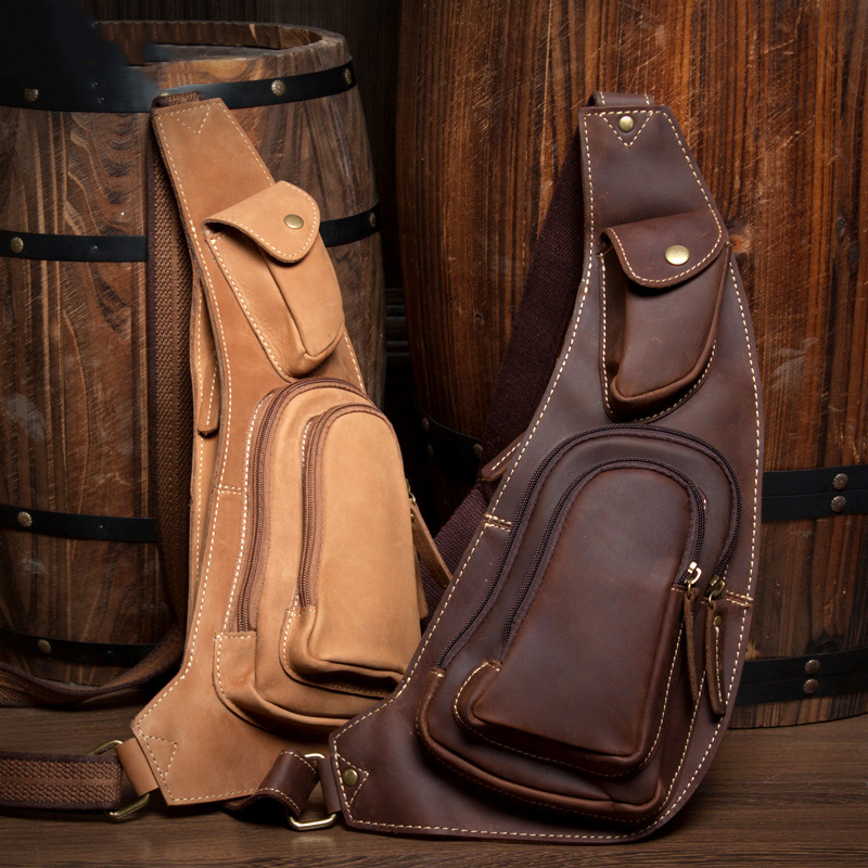 慢时光手工牛皮胸包复古疯马皮