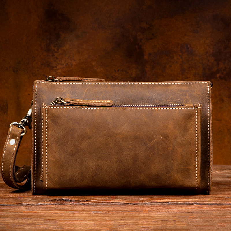 慢时光复古潮头层牛皮手拿包商务真皮手包手机包青年钱包男手抓包