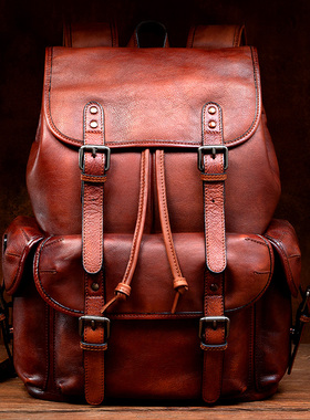 慢时光手工真皮背包复古头层植鞣牛皮双肩包旅行电脑包男女登山包