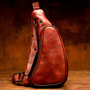 慢时光纯手工擦色真皮胸包休闲斜挎包头层植鞣牛皮运动背包男女款