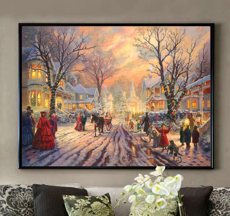 世界名画DIY方钻满钻钻石画托马斯冬日雪天街道夜景粘贴钻十字绣