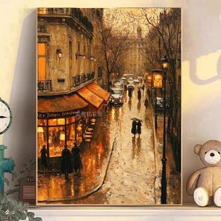 欧式高端DIY方钻满钻钻石画钻石绣伦敦冬季雨天街头灯光黄昏夜景