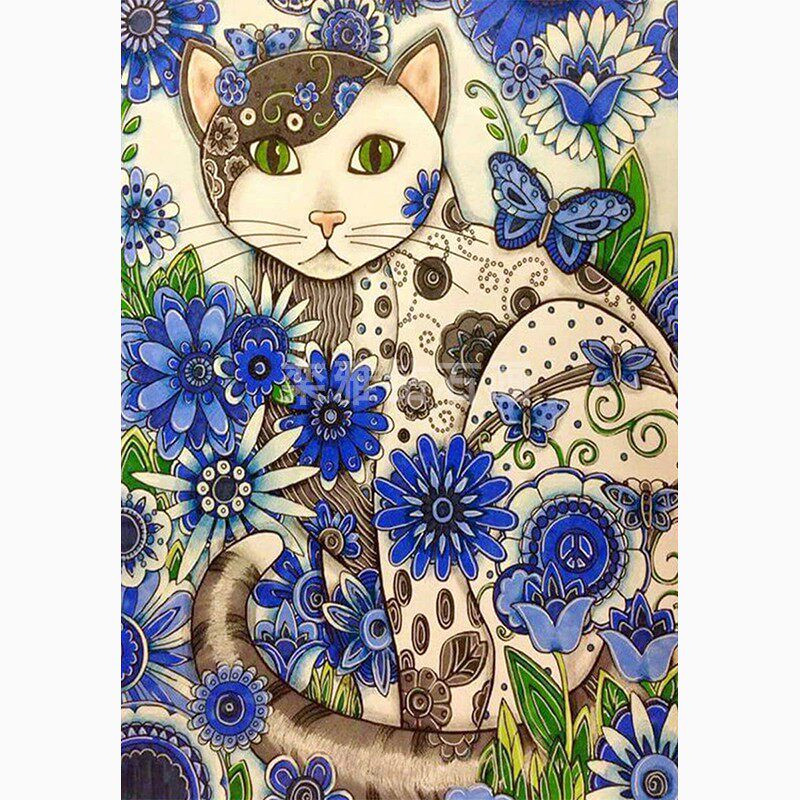 2021新款动物diy方钻满钻钻石画蓝色花朵猫咪手工贴钻十字绣带钻