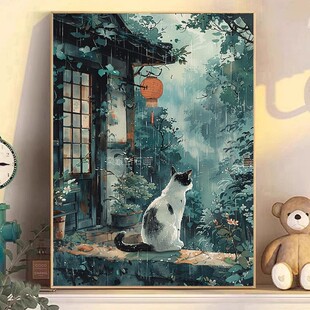 日系DIY方钻满钻钻石画钻石绣雨天森林小屋窗台远处眺望的猫咪