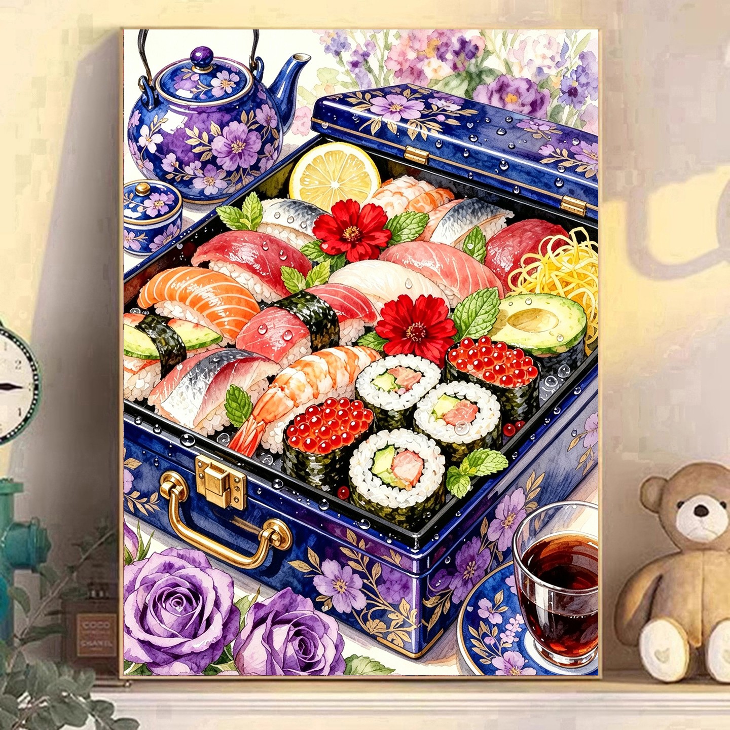 韩系DIY方钻满钻钻石画紫花壶三文鱼寿司紫菜包饭下午茶贴钻砖绣