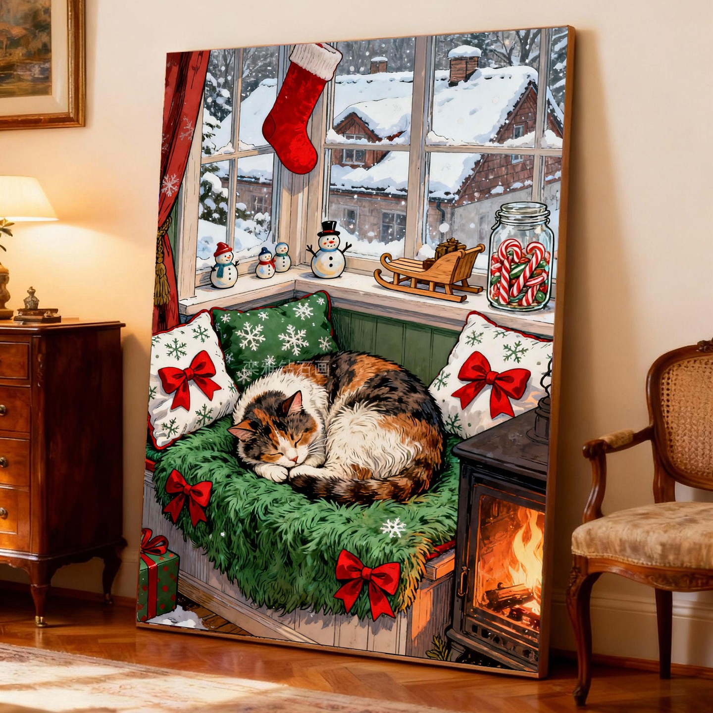 美式DIY方钻满钻贴钻钻石画钻石绣大雪圣诞节窗台烤火睡觉的猫咪