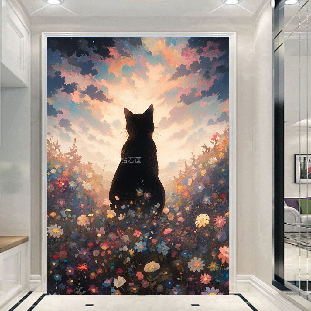 玄关diy方钻满钻钻石画钻石绣小花丛黑色猫咪背影贴钻印花十字绣