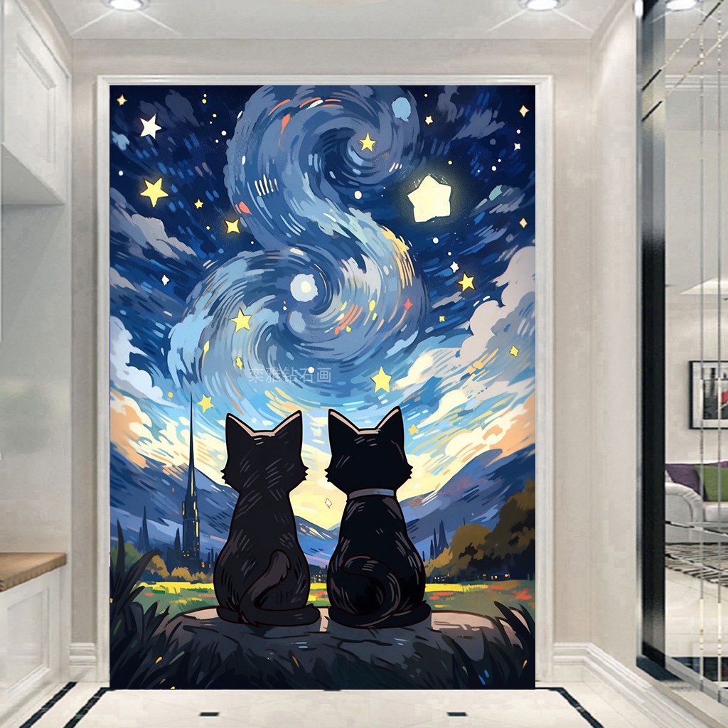 2024新款diy方钻满贴钻钻石画钻石绣仰望星空的黑色猫咪情侣背影