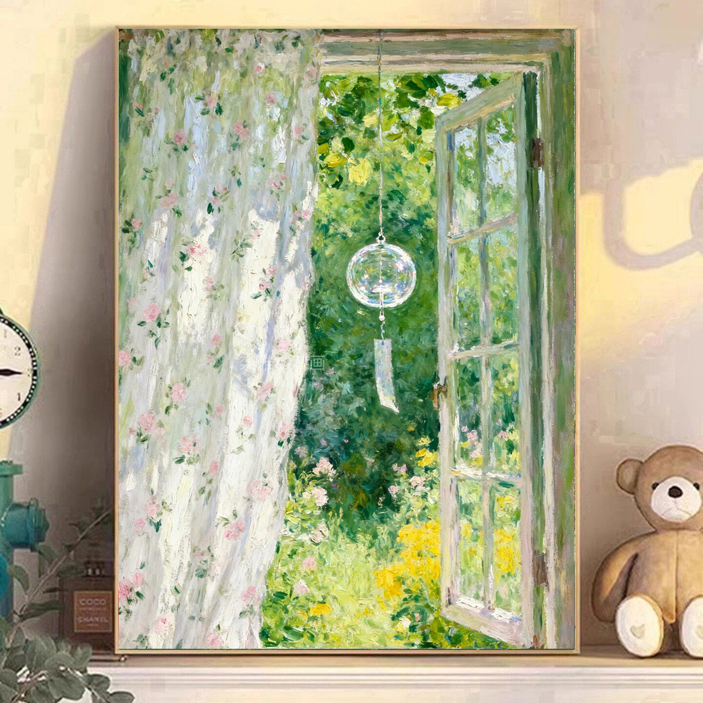 DIY树脂方钻满钻钻石画贴钻石绣纱帘透明球风铃夏日窗外绿色风景