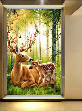 2017新款客玄关方钻满钻钻石画沾贴钻十字绣绿色森林母子麋鹿竖版