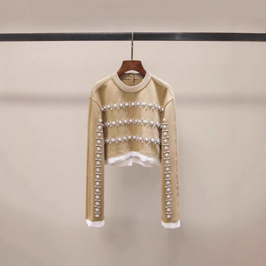 洋气独特别致上衣JOOVA2025春季新款重工钉珠圆领长袖咖色卫衣女,女装/女士精品,卫衣/绒衫,淘宝优惠券,粉丝福利购,淘宝优惠卷