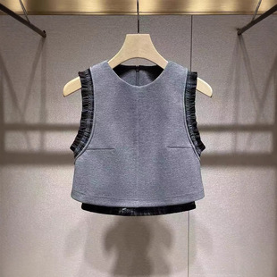 2025夏装新款女装复古格纹拼接木耳边学院风减龄假两件T恤上衣女