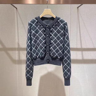 miu系上衣2025秋季新款重工钉珠小香风复古菱形格纹针织开衫外套