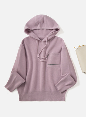 秋冬新款女装BC同款100%羊毛针织衫女口袋珠链毛衣显瘦连帽羊毛衫