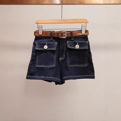 衣莉卓雅夏季新款复古百搭港风蓝色高腰A字口袋直筒短款牛仔裤女