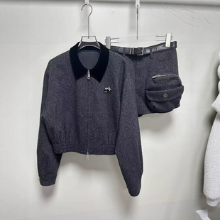 2025早秋新款女装灰色外套女长袖短款搭配腰带压褶短裤