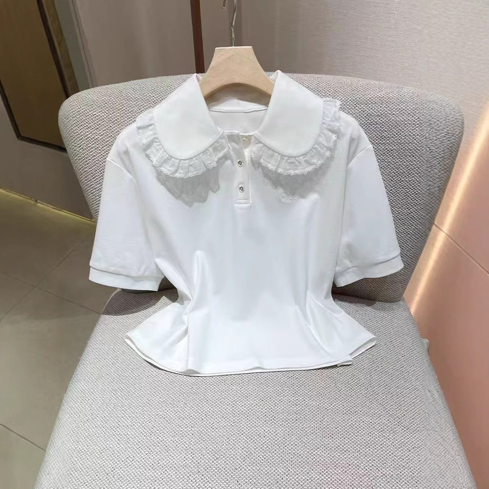 白色t恤女韩系2025夏季新款减龄蕾丝花边拼接翻领百搭短袖上衣女