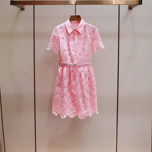 SP家秋季新款法式气质小香风翻领镂空A字伞状收腰短袖粉色连衣裙