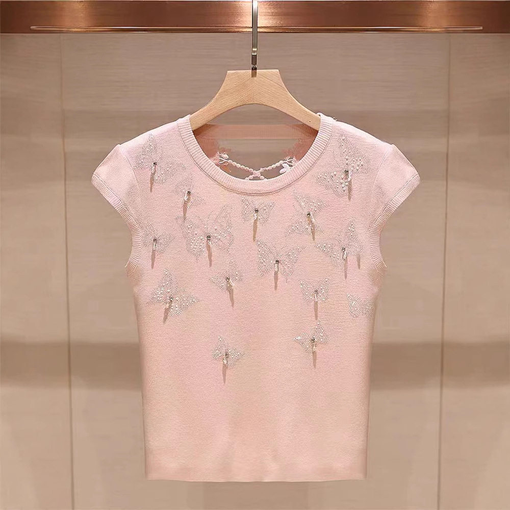 t恤上衣女修身2025夏季新款蝴蝶烫钻圆领短袖露背粉色薄款针织衫