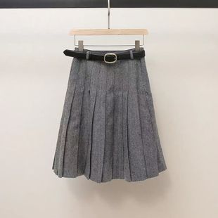SP秋冬新款法式百搭格雷系灰色A字高腰显瘦中款开车百褶半身裙女