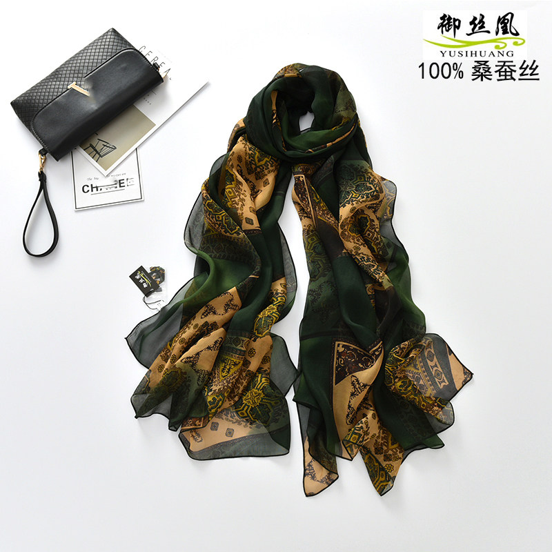 超长款冬季军绿色印花丝巾围巾