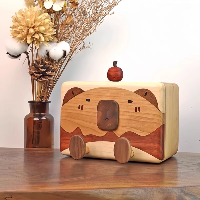 卡皮巴拉实木质纸巾盒可爱多功能手机支架客厅原木奶油风抽纸盒