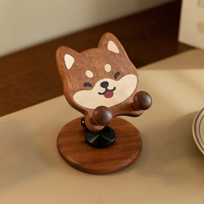 柴犬小狗手机支架座实木新款旋转升降创意可折叠平板看剧神器礼物