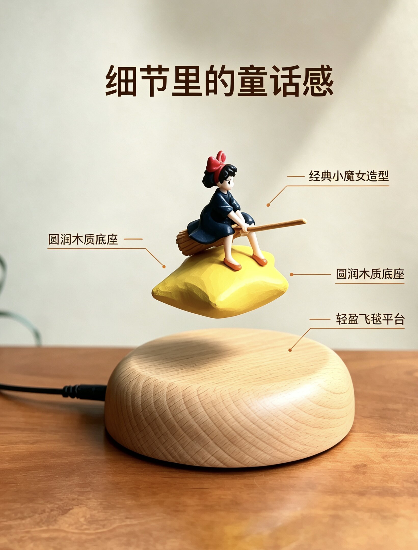 磁悬浮月亮城小魔女创意桌面治愈动态摆件可爱手工木雕送女生礼物