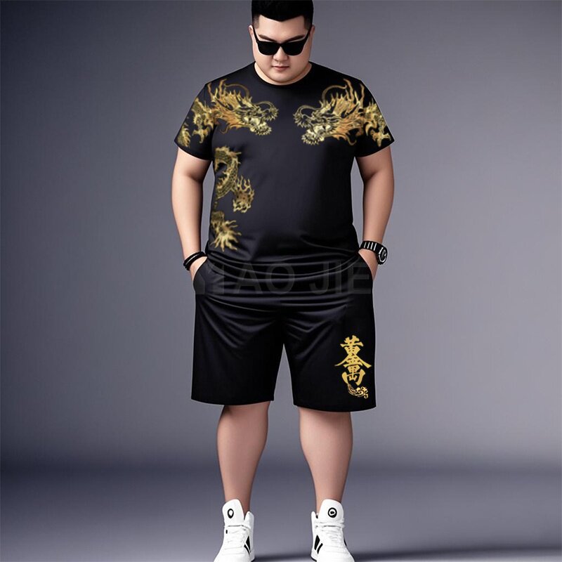 特大号短袖T恤男休闲短裤两件套时尚烫金龙加肥加大码运动套装胖