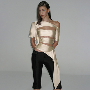 斜肩领不规则拼接性感镂空褶皱短袖 时尚 上衣 女装 欧美跨境秋冬新款