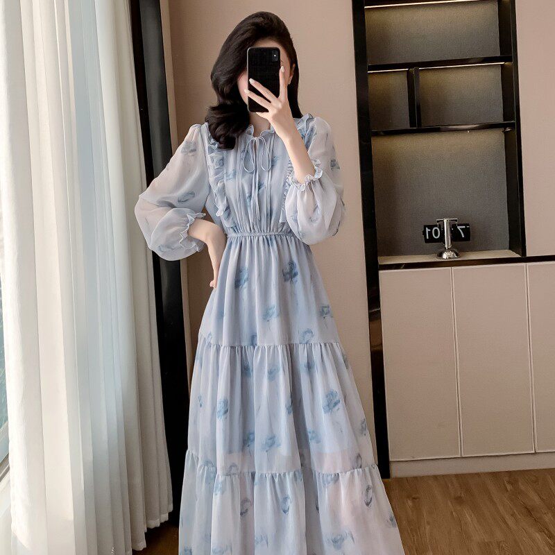 法式轻奢蓝玫瑰雪纺大摆连衣裙女