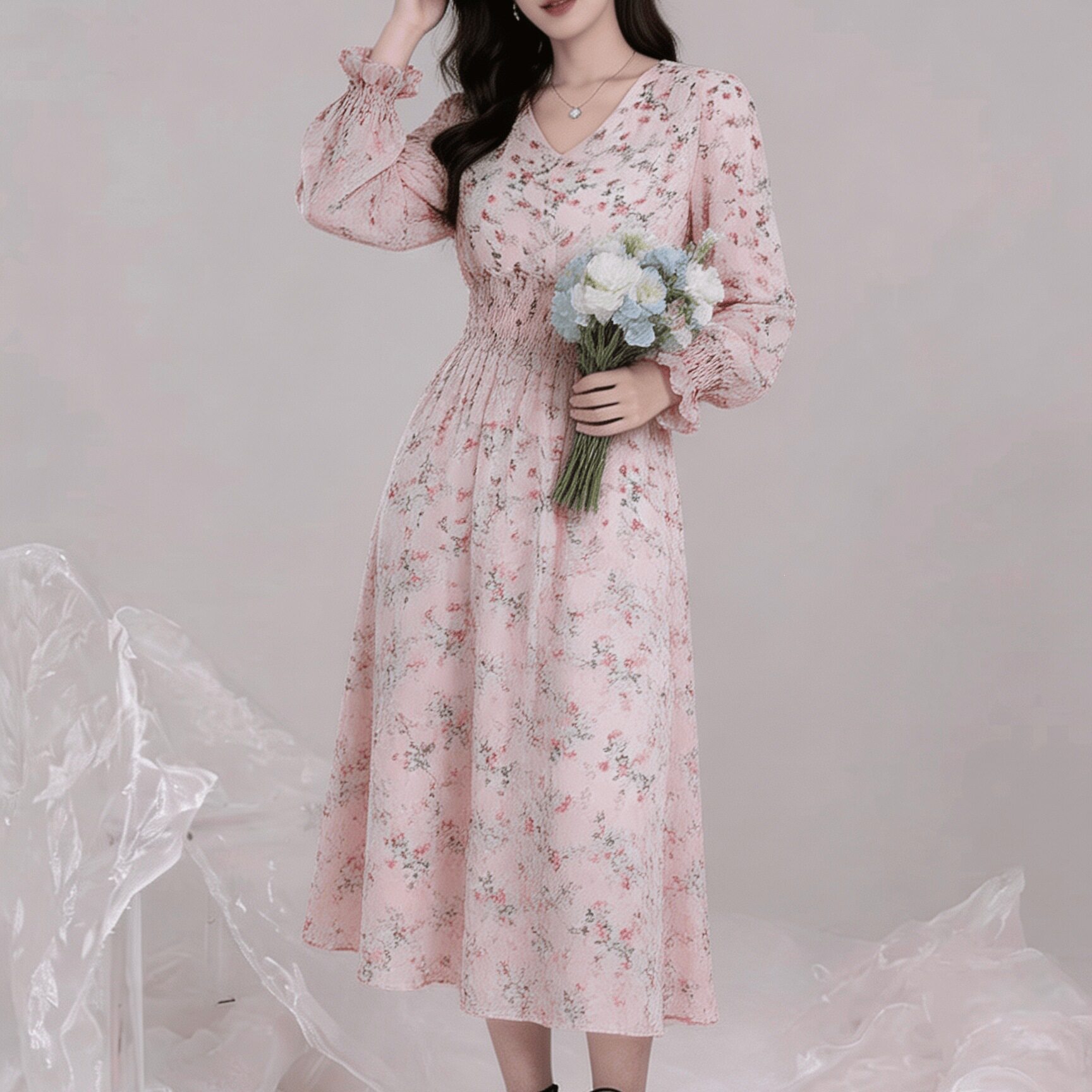 清新碎花裙雪纺连衣裙长裙女2026春季新款韩版仙女裙荷叶边大摆裙