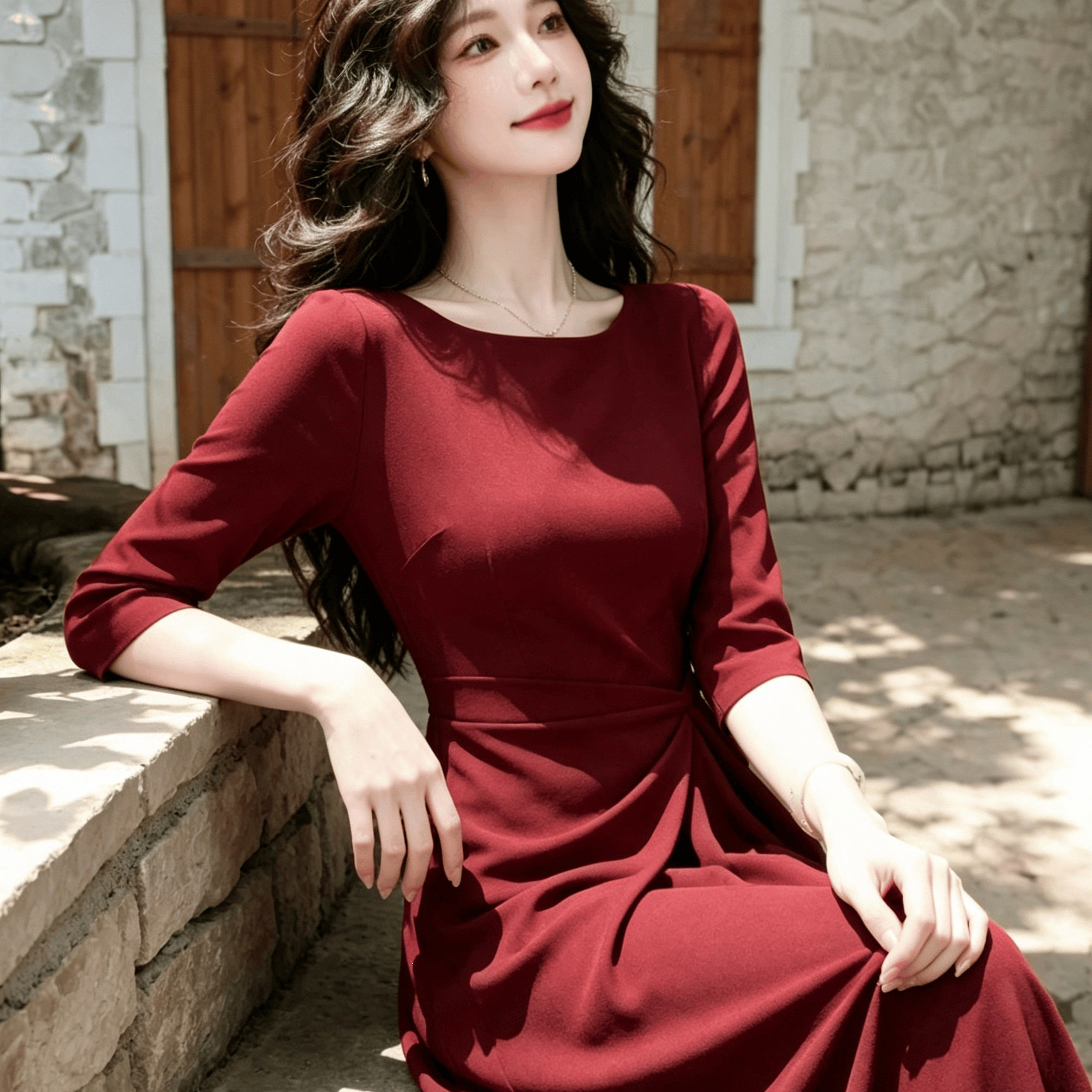 法式酒红秋冬修身显瘦结婚连衣裙