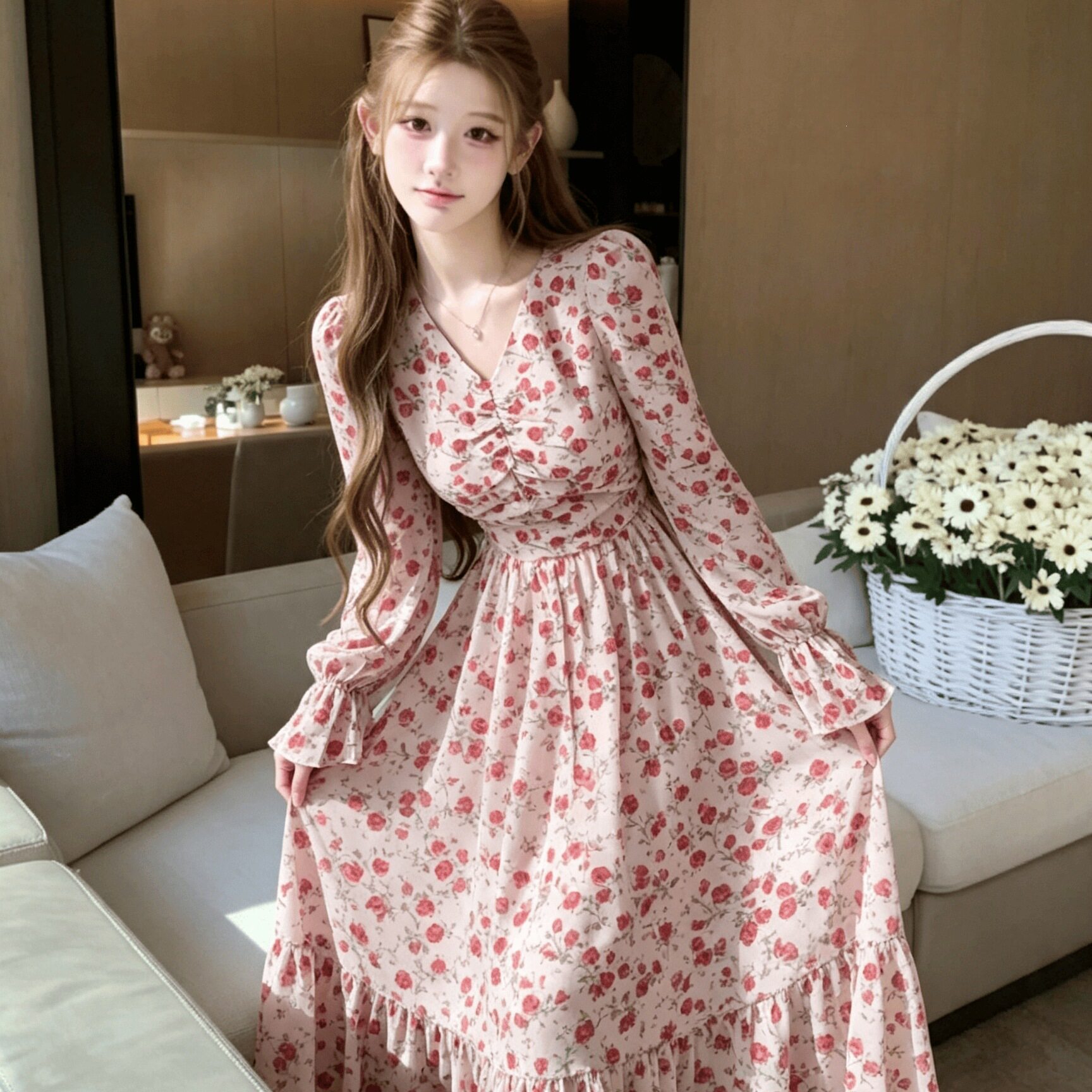 秋季法式碎花V领收腰A字连衣裙女