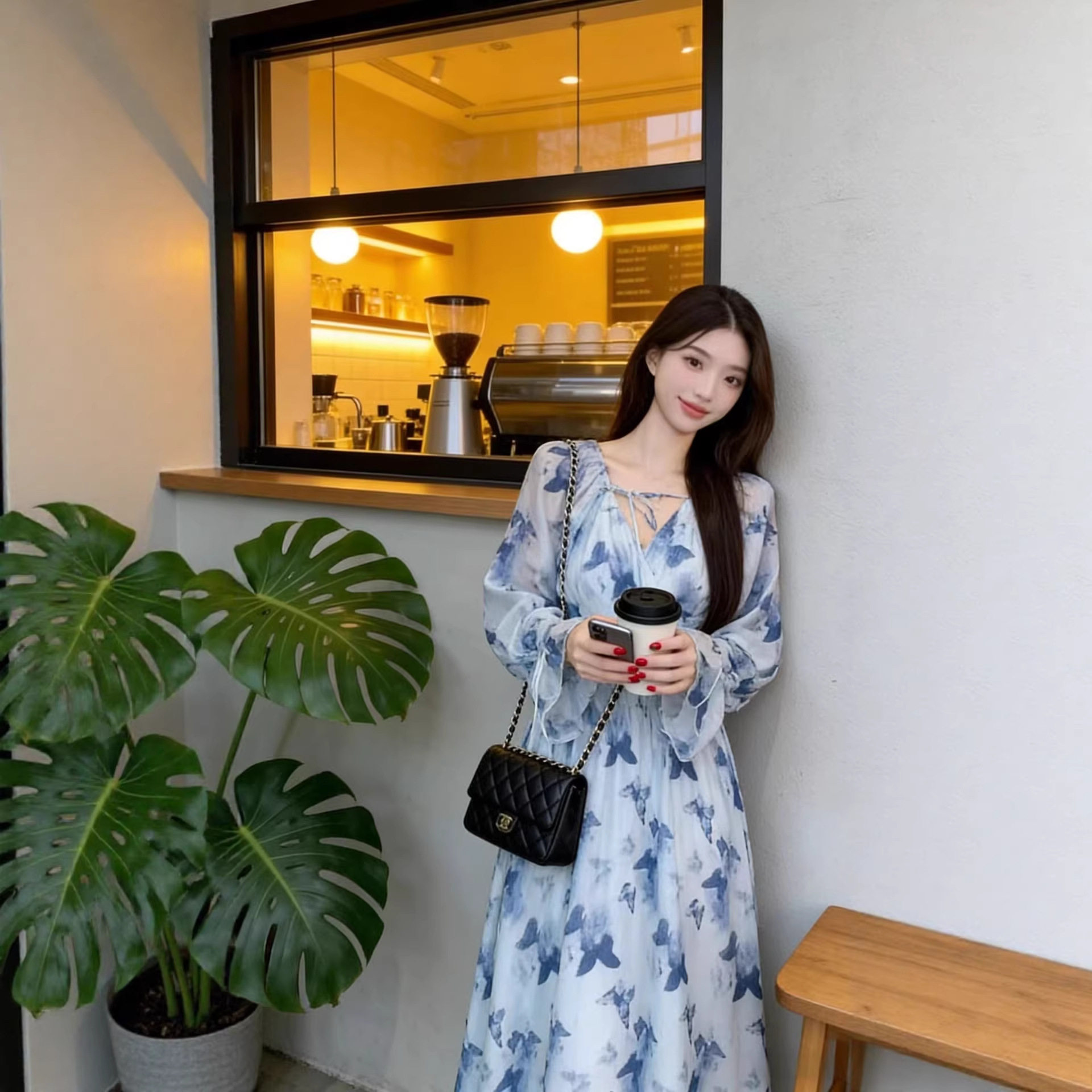 秋季法式茶歇V领收腰长连衣裙女