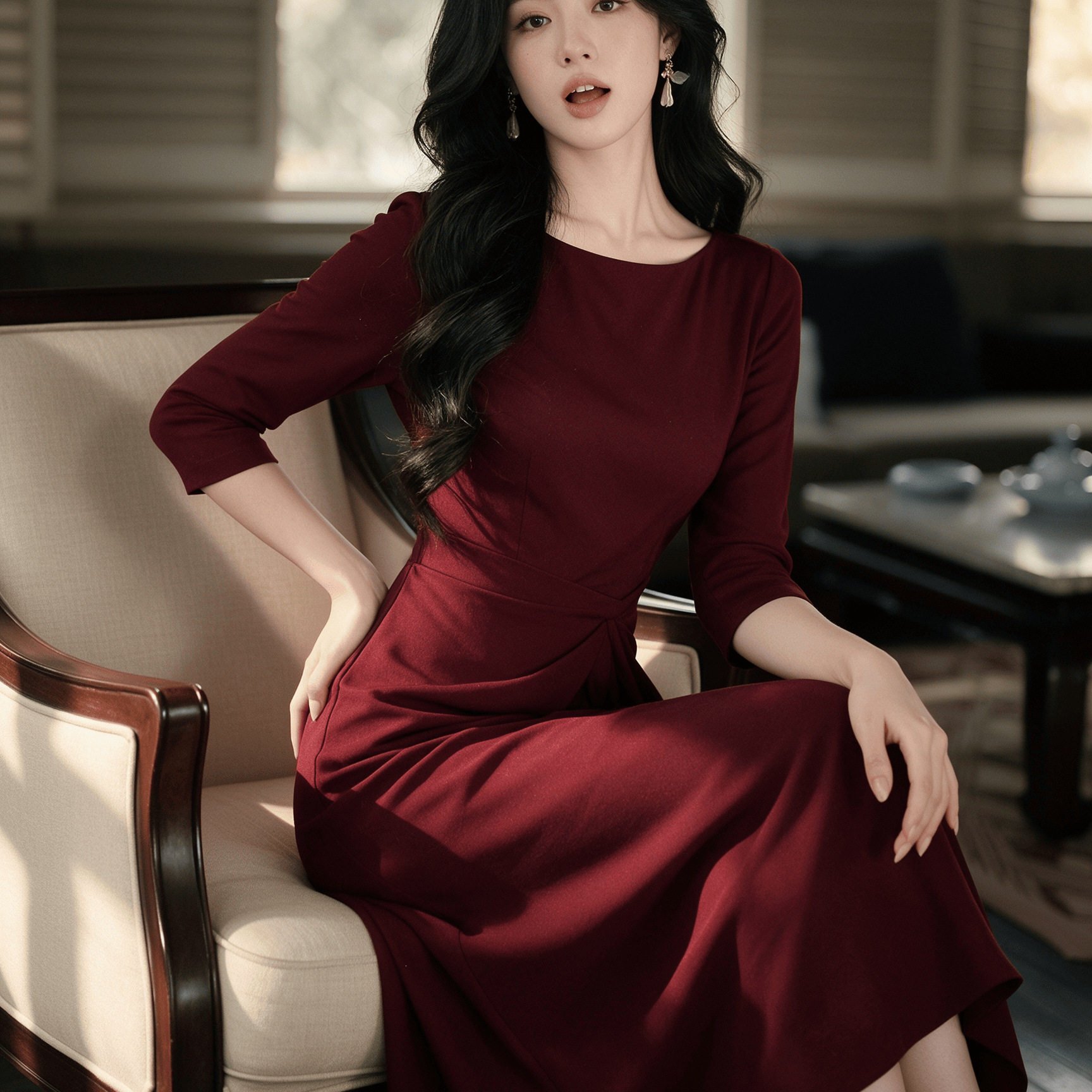 秋冬法式酒红V领收腰显瘦长裙女
