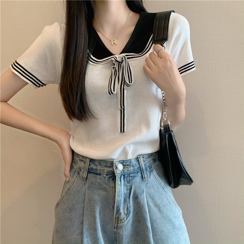学院风娃娃领系带针织短袖T恤女