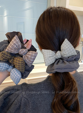 格雷系灰色格子蝴蝶结大肠发圈女高级感扎头发韩系百搭发饰头绳