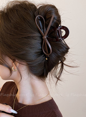 复古百搭皮质蝴蝶结大号发夹女气质后脑勺盘发抓夹小众设计鲨鱼夹