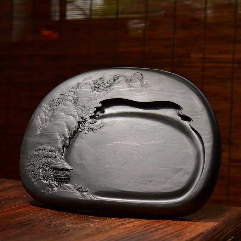 中国歙砚名师张子坚作品/大好山河/老坑眉纹金星原石砚台文房四宝手工