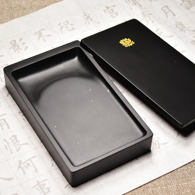 极速天然原石八寸带盖子长方砚台金星歙砚下发墨好密封.性好蓄墨