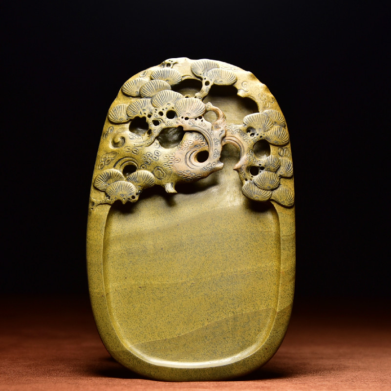 名师方荣歙砚雕刻作品《苍松万古》天然原石老坑黄鱼籽砚台纯手工雕刻四大名砚文房四宝收藏送礼非端砚洮河