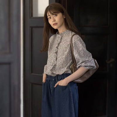25精品日单s家联名YUB*I秋季新款女士碎花荷叶边立领纯棉长袖衬衫