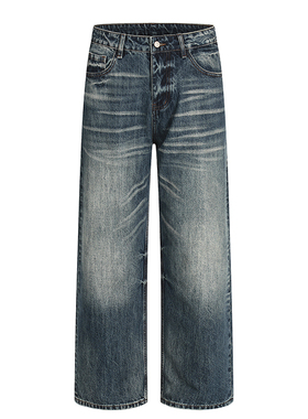 美式复古做旧水洗猫须纹牛仔裤男女宽松显瘦cleanfit直筒阔腿长裤