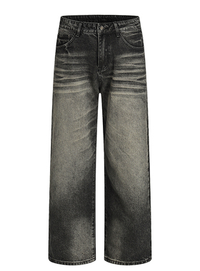 美式复古水洗做旧cleanfit牛仔裤暮光黑男女宽松潮流直筒阔腿长裤