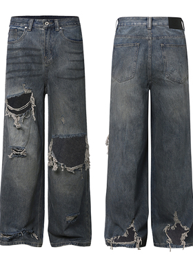 美式复古蓝色破洞洗脏巴家牛仔裤男女款痞帅百搭休闲直筒阔腿裤子